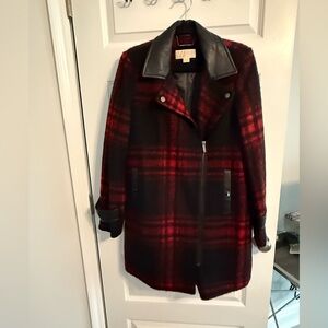 Michaels Red and Black Plaid Coat with Leather Collar